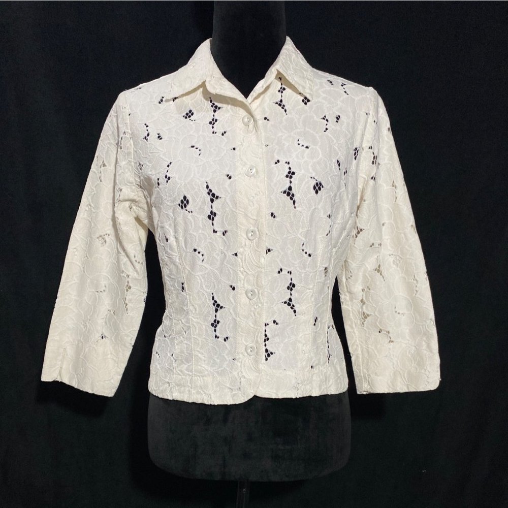 Cabi M Blazer Jacket Ivory Cream Drawstring Tie 3/4‎ Split Cuff Sl Button Down